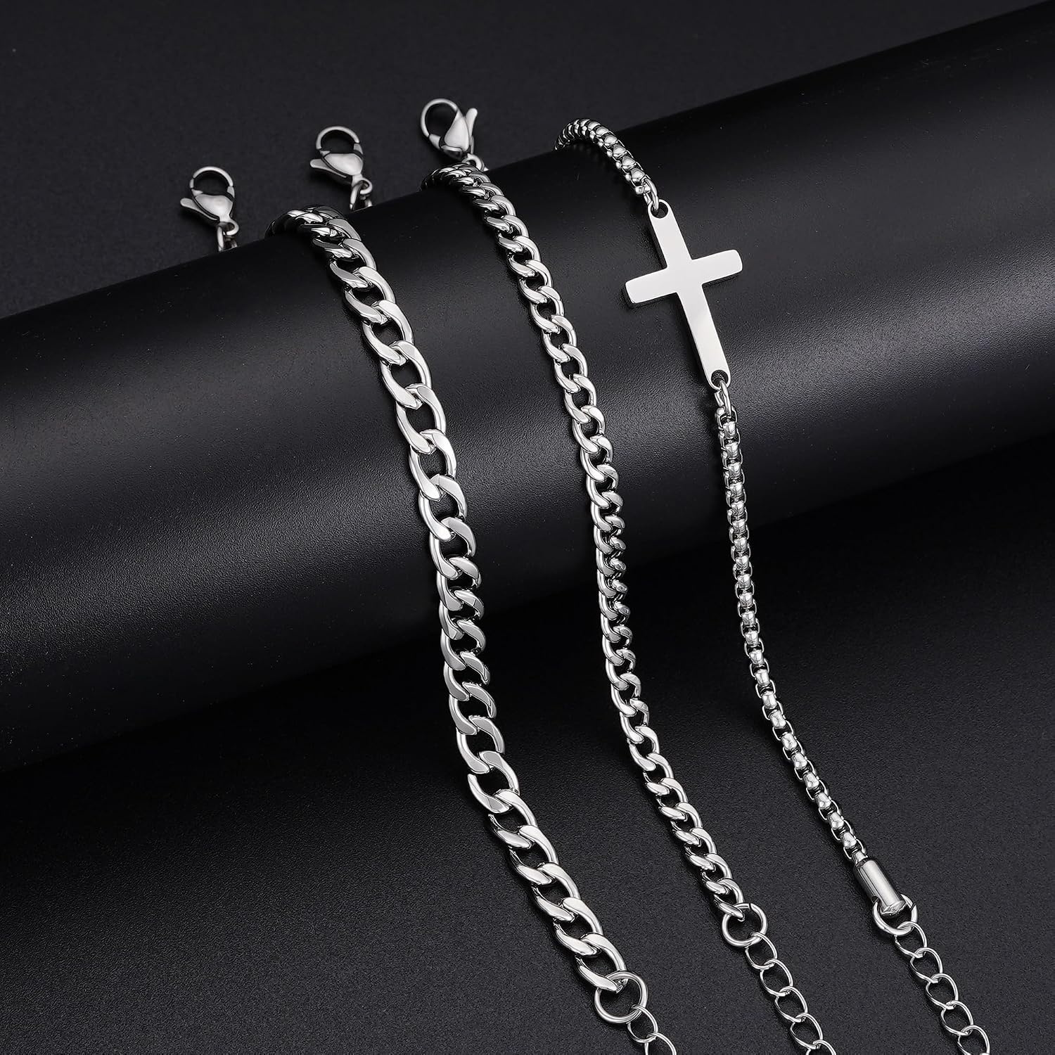 image:imageM MOOHAM Cross Bracelets for Men Silver Plated Mens Chain Bracelet StackBox ChainCuban Link Chain