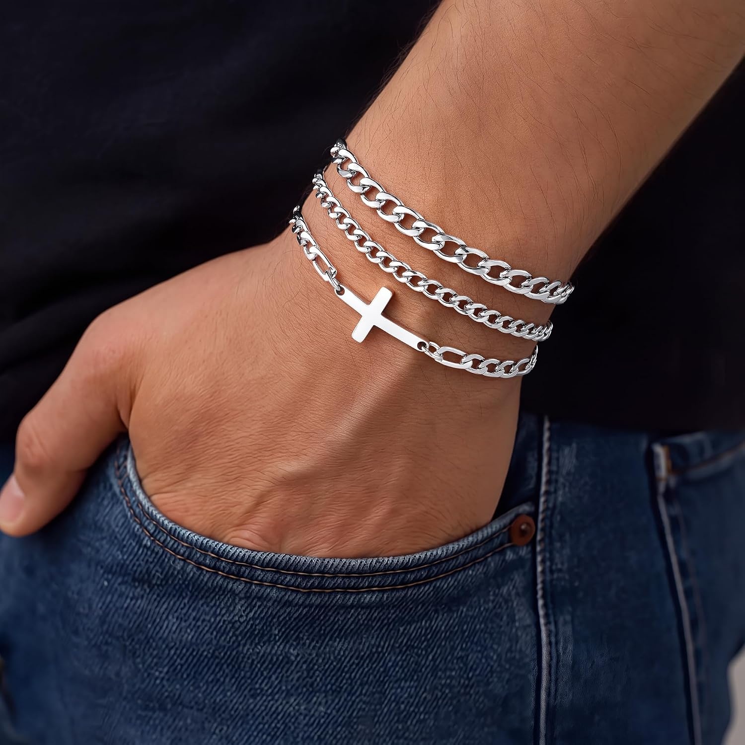 image:imageM MOOHAM Cross Bracelets for Men Silver Plated Mens Chain Bracelet StackFigaro ChainCuban Link