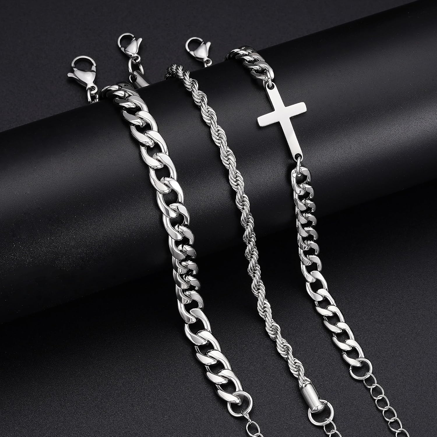 image:imageM MOOHAM Cross Bracelets for Men Silver Plated Mens Chain Bracelet StackFigaro ChainCuban Link