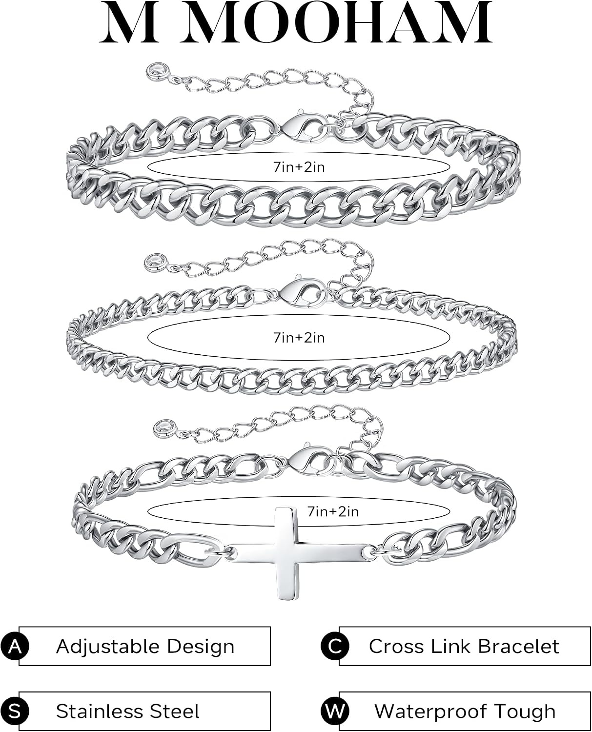 image:imageM MOOHAM Cross Bracelets for Men Silver Plated Mens Chain Bracelet StackFigaro ChainCuban Link