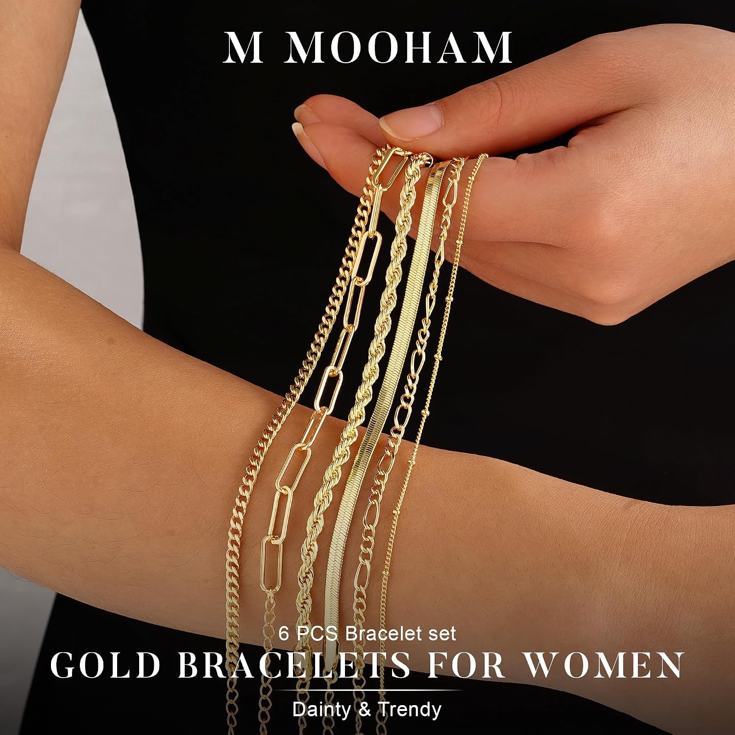 image:imageM MOOHAM Gold Bracelets Set for Women No Tarnish3Rope Snake Paperclip Set 1
