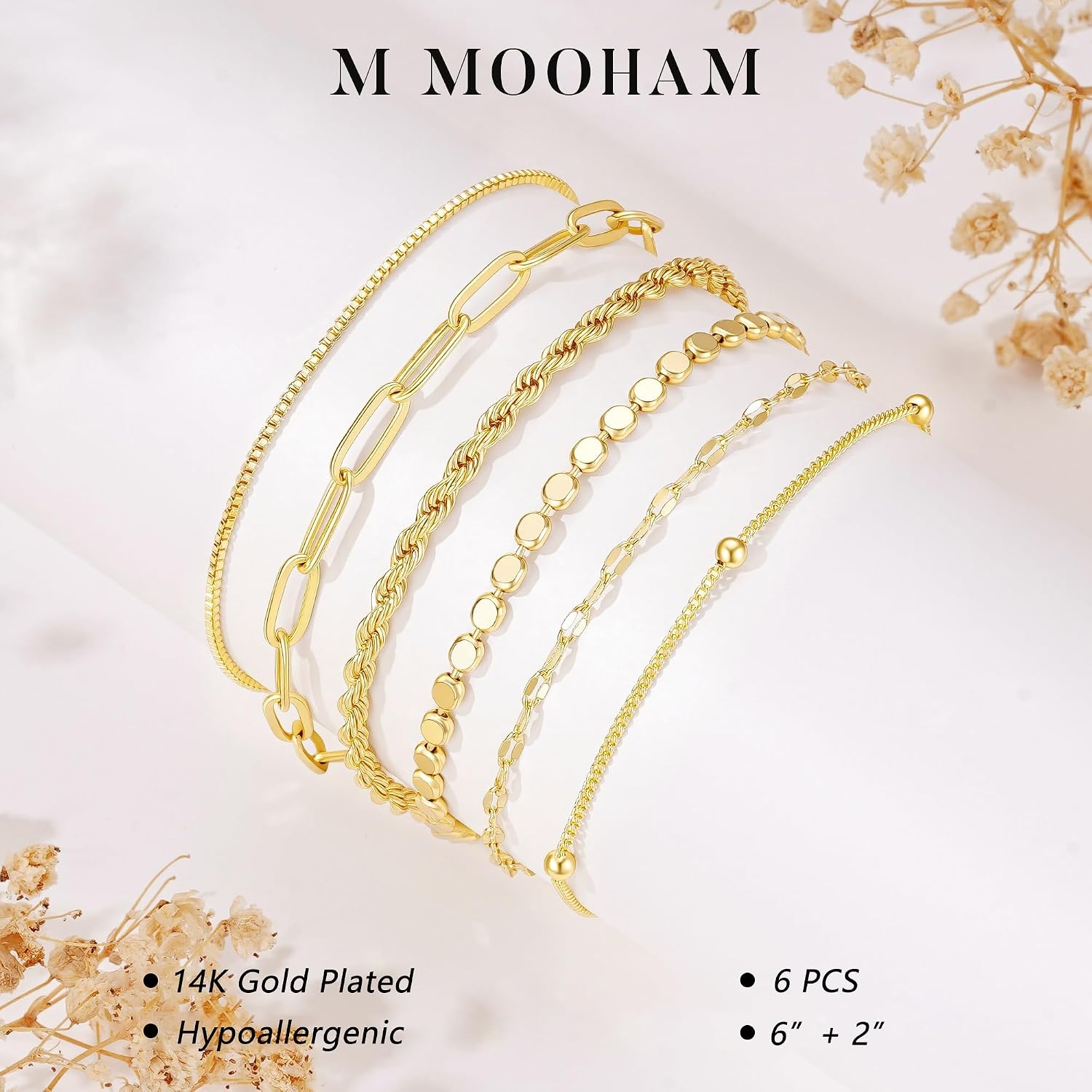 image:imageM MOOHAM Gold Bracelets Set for Women No Tarnish7Rope Paperclip Set