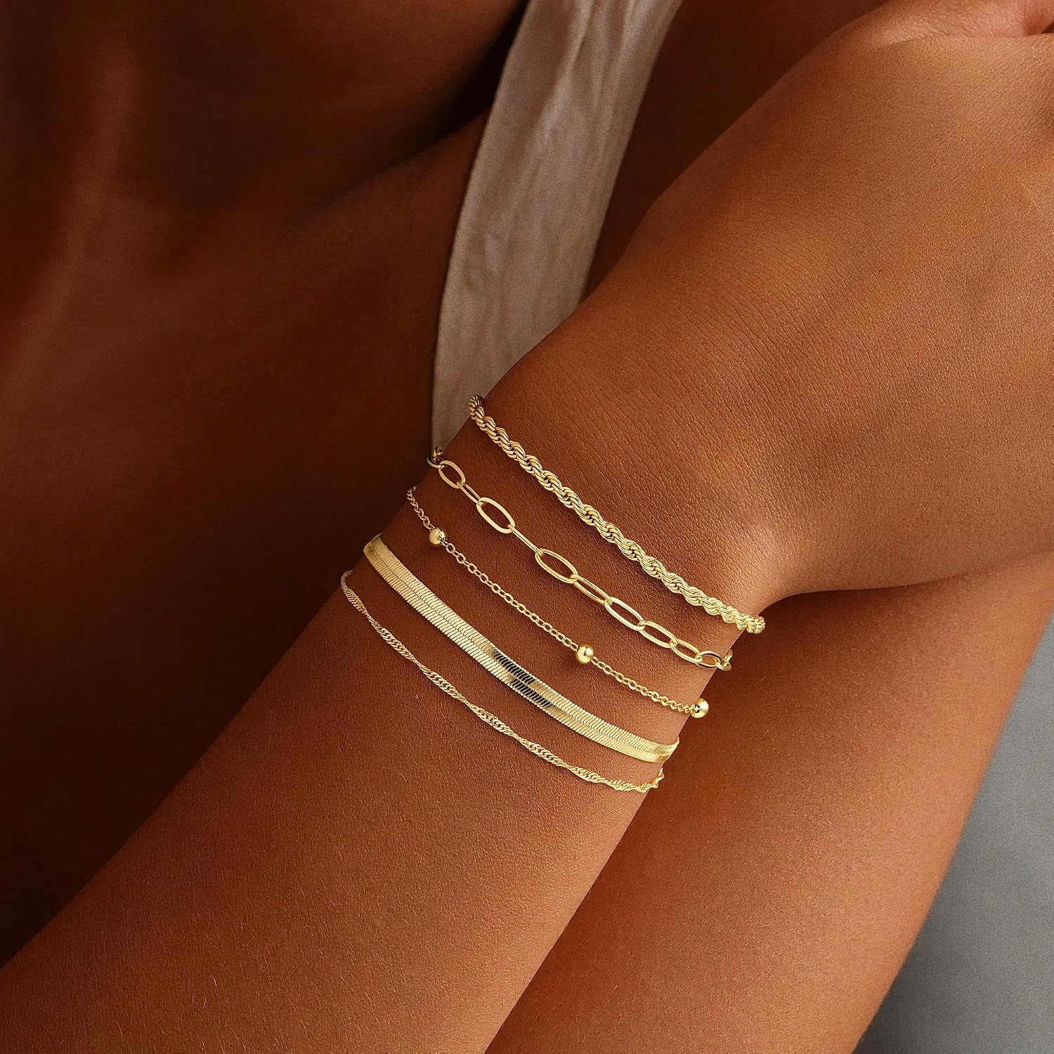 image:imageM MOOHAM Gold Bracelets Set for Women No Tarnish8Rope Snake Paperclip Set 2