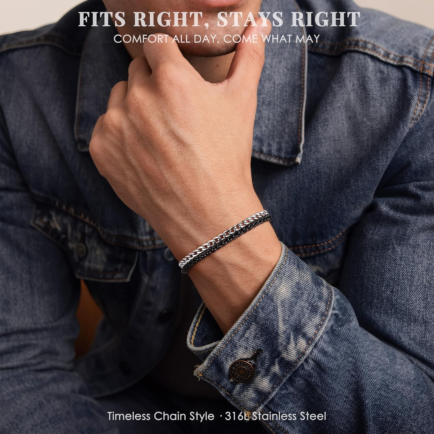 image:imageM MOOHAM Mens Bracelet BlackSilverPlated Chain Bracelets for MenBlack Wheat ChainSilverPlated Cuban Link Chain85