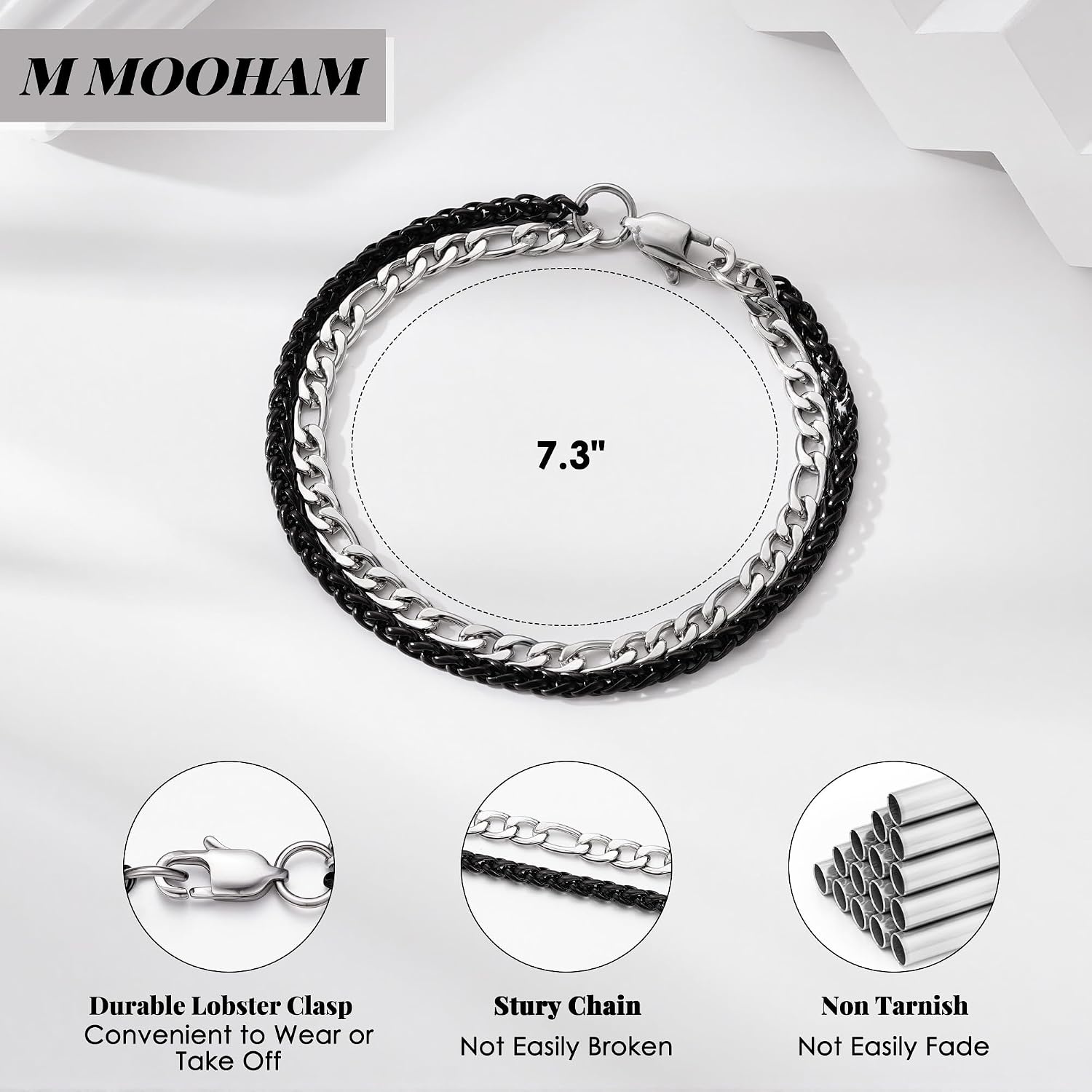 image:imageM MOOHAM Mens Bracelet BlackSilverPlated Chain Bracelets for MenBlack Wheat ChainSilverPlated Figaro Chain73