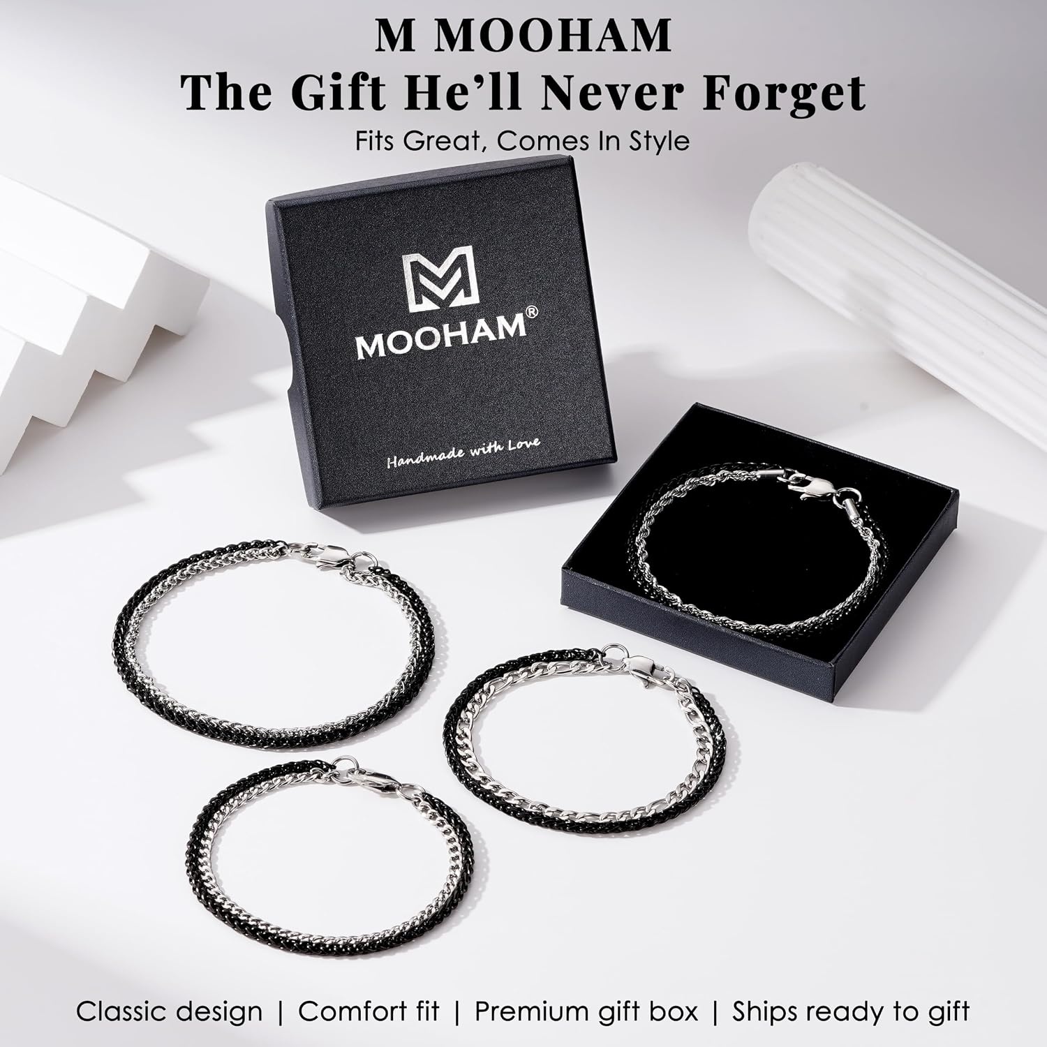 image:imageM MOOHAM Mens Bracelet BlackSilverPlated Chain Bracelets for MenBlack Wheat ChainSilverPlated Rope Chain73