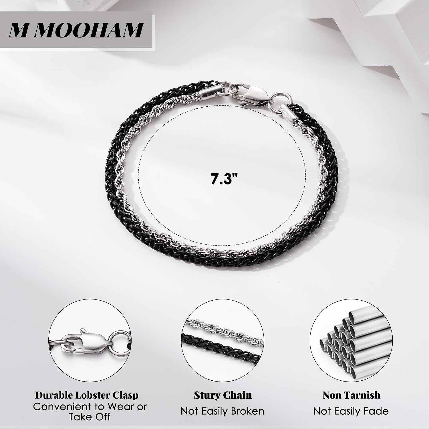 image:imageM MOOHAM Mens Bracelet BlackSilverPlated Chain Bracelets for MenBlack Wheat ChainSilverPlated Rope Chain85