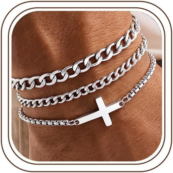 image:imageM MOOHAM Cross Bracelets for Men Silver Plated Mens Chain Bracelet StackBox ChainCuban Link Chain