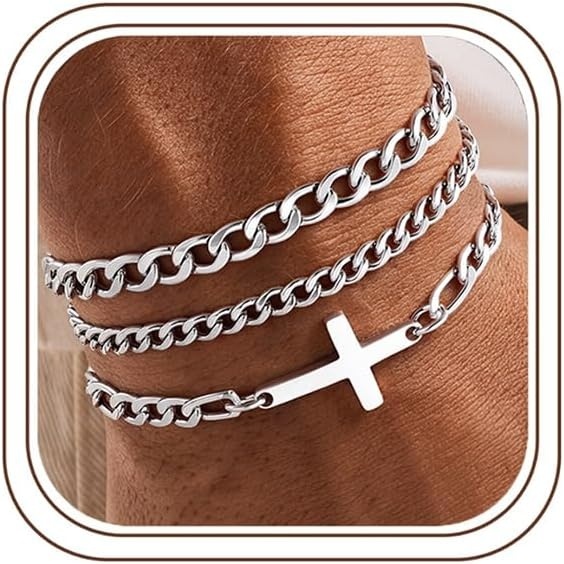 image:imageM MOOHAM Cross Bracelets for Men Silver Plated Mens Chain Bracelet StackFigaro ChainCuban Link