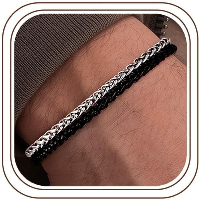 image:imageM MOOHAM Mens Bracelet BlackSilverPlated Chain Bracelets for MenBlack Wheat ChainSilverPlated Wheat Chain85