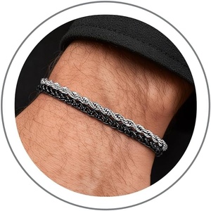 M MOOHAM Mens Bracelet, Black/Silver-Plated Chain Bracelets for Men(Black Wheat Chain+Silver-Plated Rope Chain-7.3)