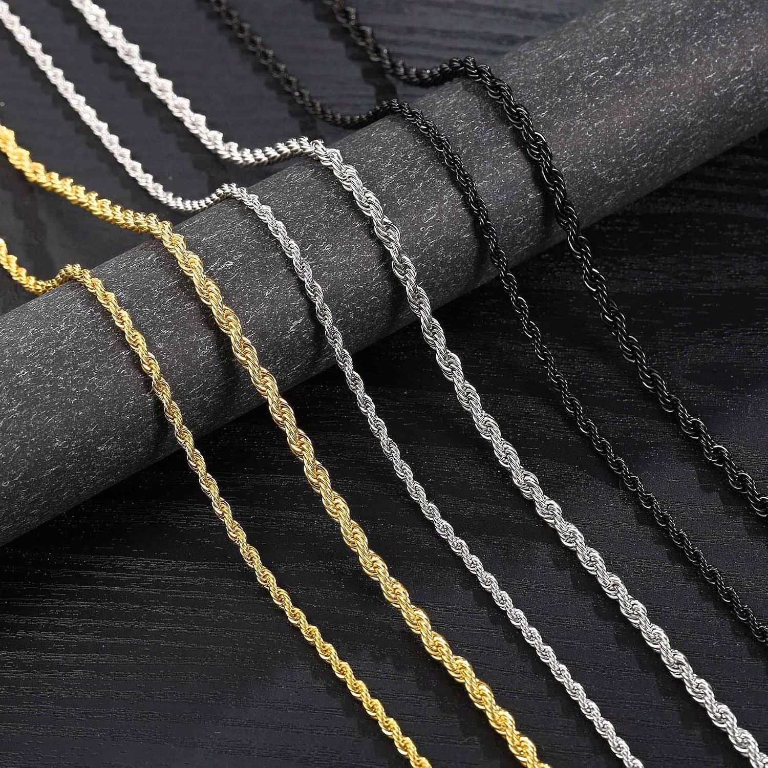 image:imageM MOOHAM Chains for Men Necklaces Black Chain Black Rope Chains for Men Stainless Steel Necklace for Men Layered Twist Chains Gifts for Men Boyfriend Gifts from Girlfriend