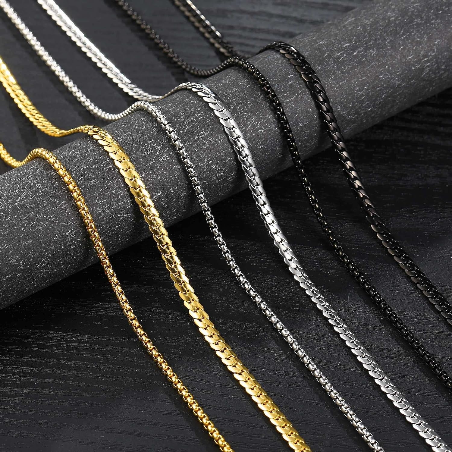 image:imageM MOOHAM Chains for Men Necklaces Gold Chain for Men Gifts Cuban Link Chain for Men Necklaces Square Rolo Chains Stainless Steel Mens Necklaces Layered Chains for Men Boys Gifts