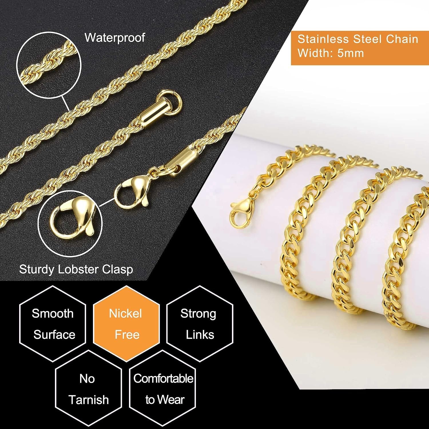 image:imageM MOOHAM Gold Chain for Men Neckalces Cuban Link Chain for Men Rope Chains for Men Gifts Gold Chain Gold Necklace Stainless Steel Chains for Men Jewelry