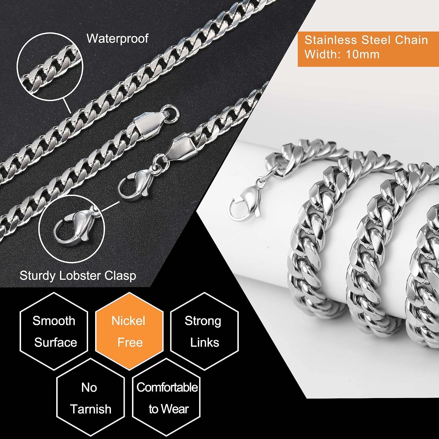 image:imageM MOOHAM Silver Chain for Men Gifts Cuban Link Chain for Men Necklaces Silver Chain Layered Mens Chain Stainless Steel Chains for Men Gifts for Men Gift Ideas
