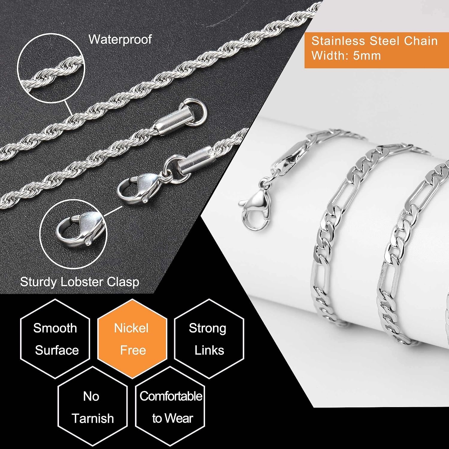 image:imageM MOOHAM Silver Necklace Chains for Men Silver Chain for Men Figaro Chain for Men Stainless Steel Chain Silver Rope Chains for Men Necklace Silver Chain for Men Jewelry
