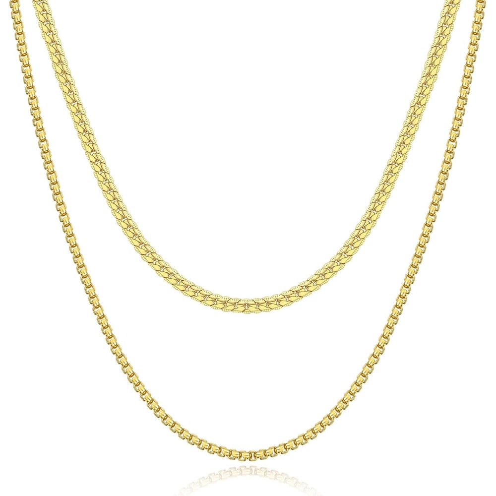 image:imageM MOOHAM Chains for Men Necklaces Gold Chain for Men Gifts Cuban Link Chain for Men Necklaces Square Rolo Chains Stainless Steel Mens Necklaces Layered Chains for Men Boys Gifts