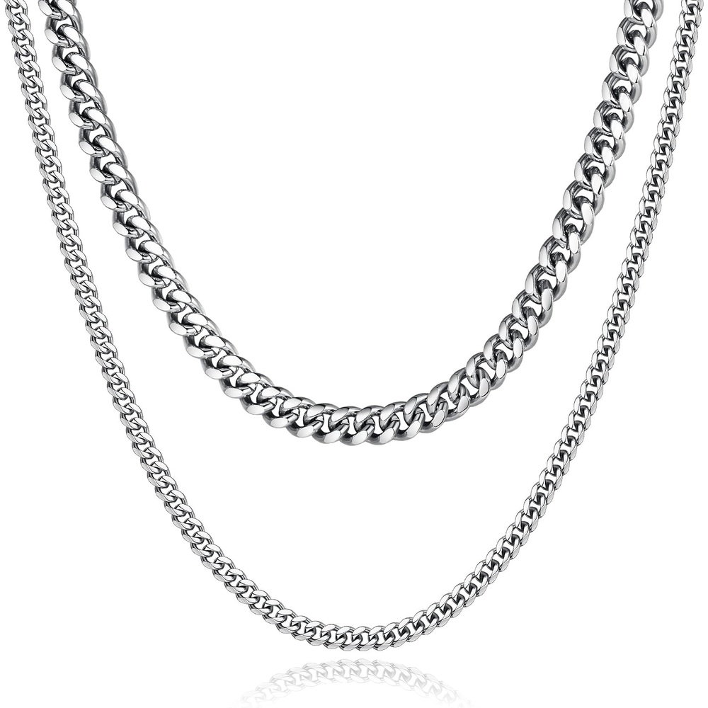 image:imageM MOOHAM Silver Chain for Men Gifts Cuban Link Chain for Men Necklaces Silver Chain Layered Mens Chain Stainless Steel Chains for Men Gifts for Men Gift Ideas