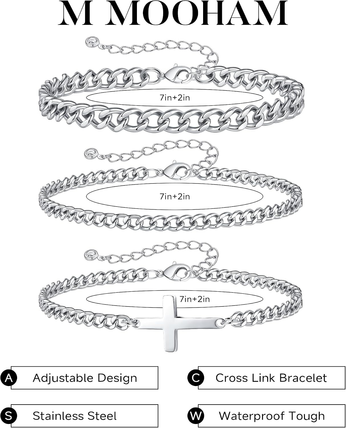 image:imageM MOOHAM Cross Bracelets for Men Silver Plated Mens Chain Bracelet StackCuban Link
