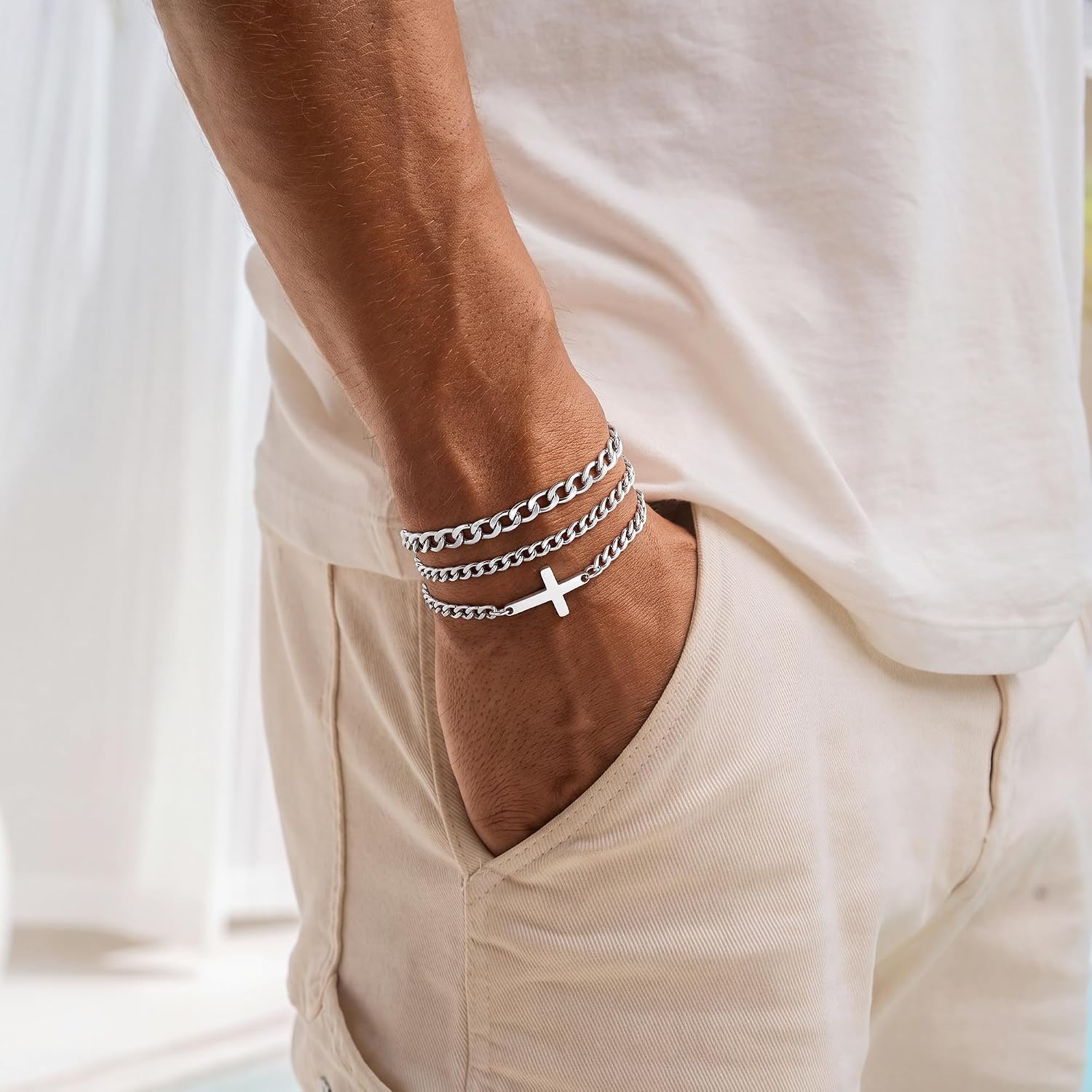 image:imageM MOOHAM Cross Bracelets for Men Silver Plated Mens Chain Bracelet StackCuban Link
