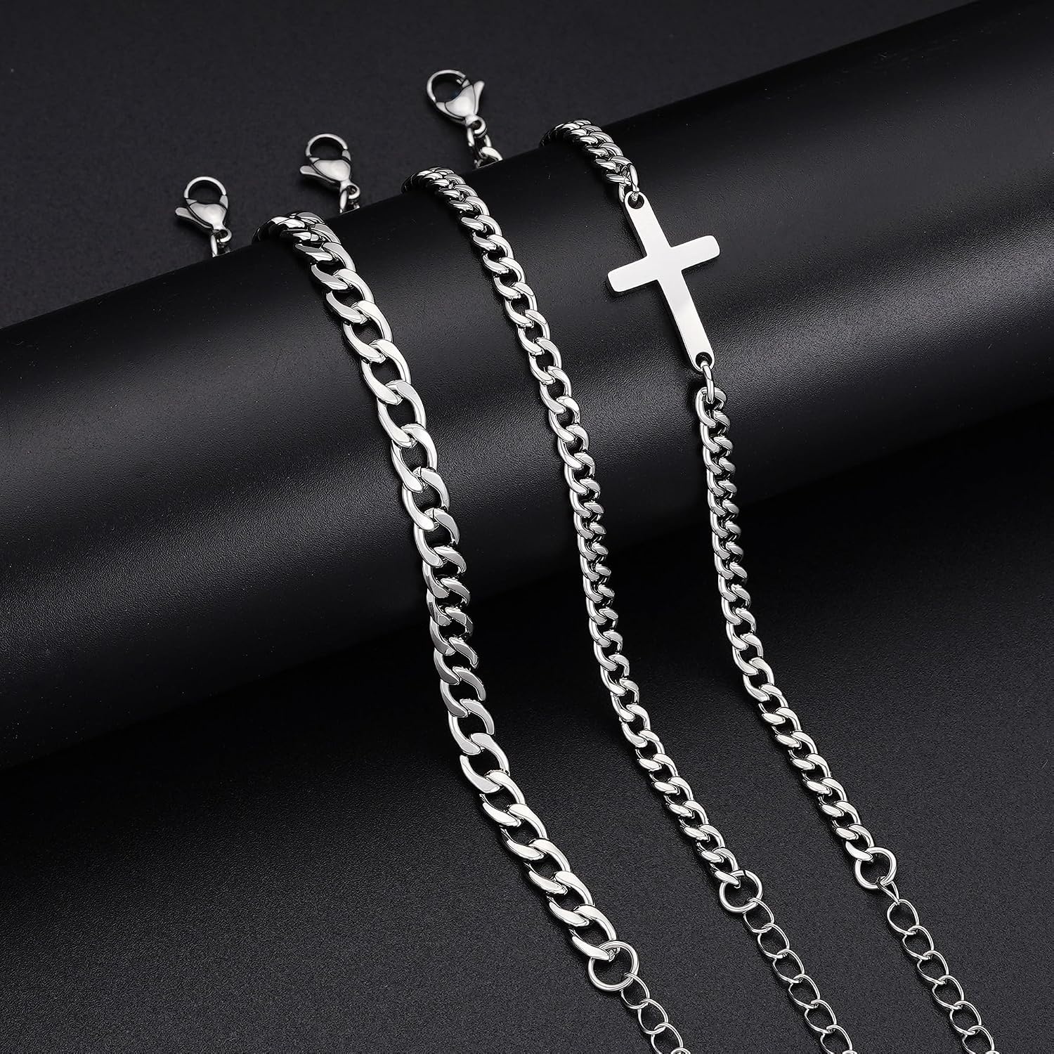 image:imageM MOOHAM Cross Bracelets for Men Silver Plated Mens Chain Bracelet StackCuban Link