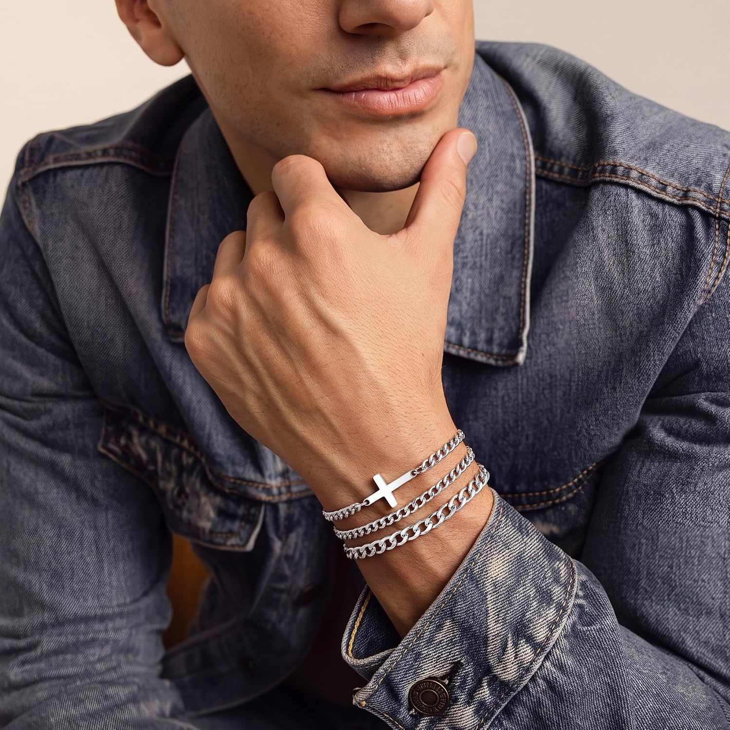 image:imageM MOOHAM Cross Bracelets for Men Silver Plated Mens Chain Bracelet StackCuban Link