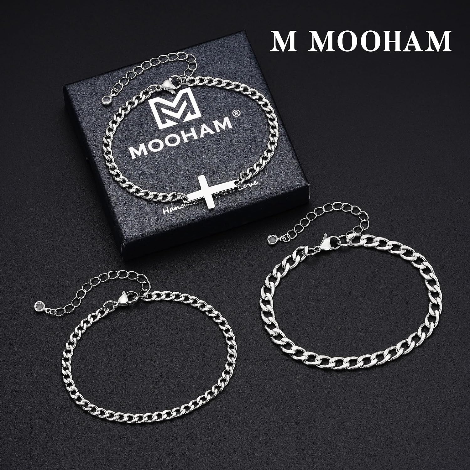 image:imageM MOOHAM Cross Bracelets for Men Silver Plated Mens Chain Bracelet StackCuban Link