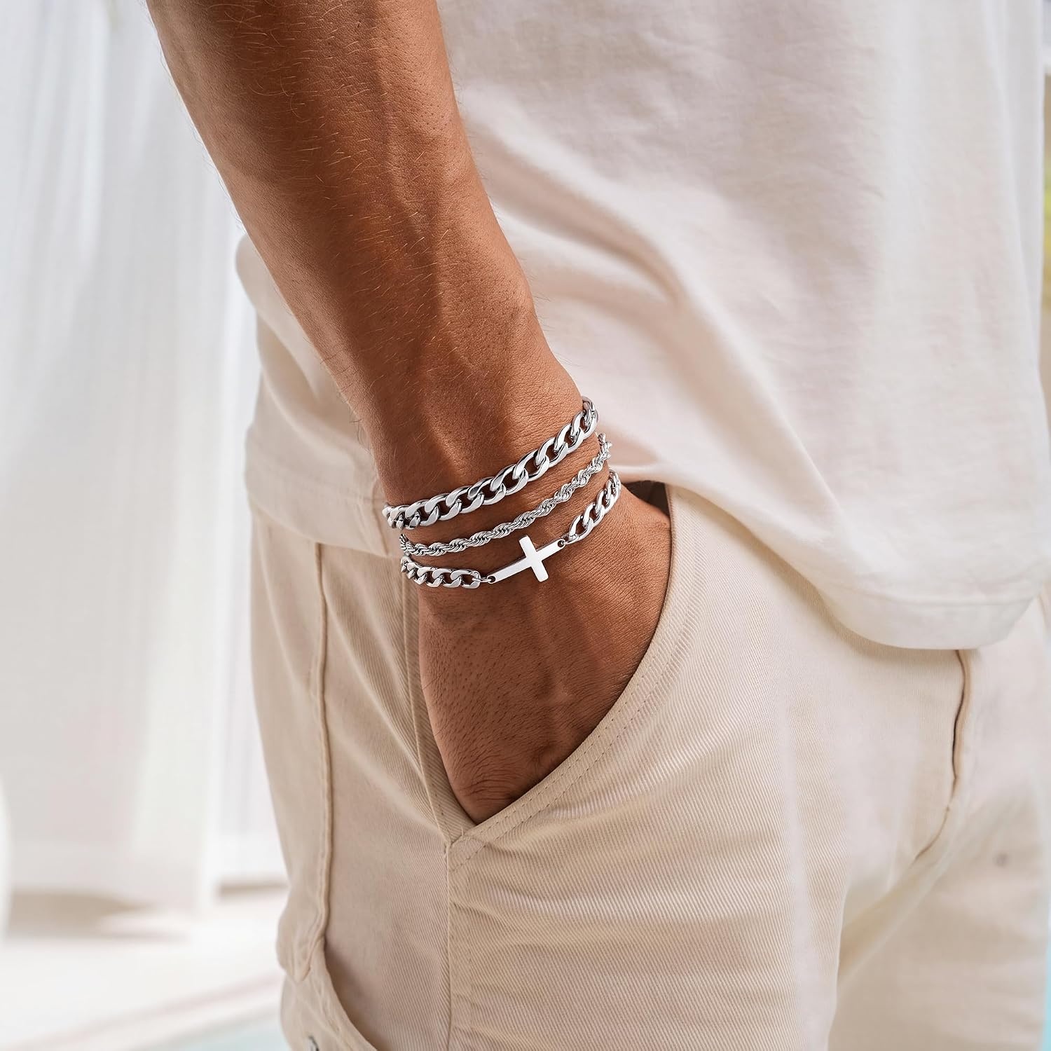 image:imageM MOOHAM Cross Bracelets for Men Silver Plated Mens Chain Bracelet StackRope ChainCuban Link