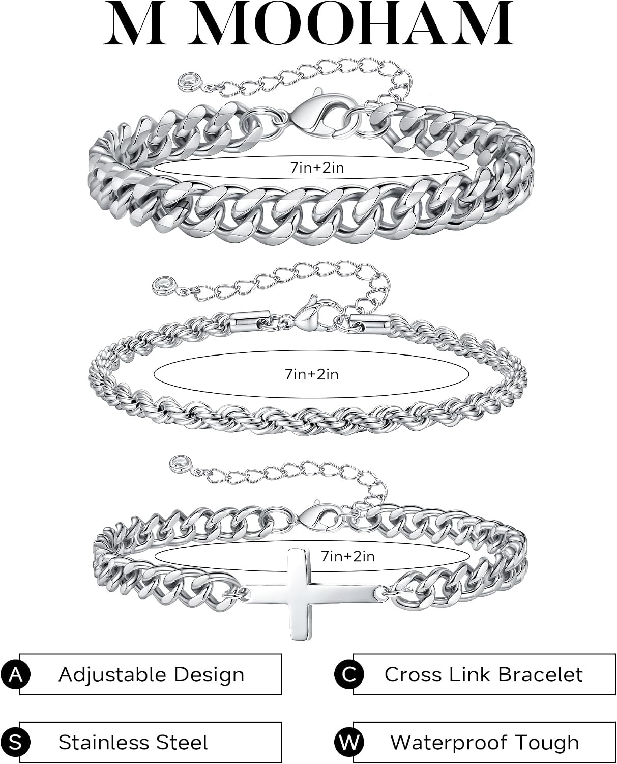 image:imageM MOOHAM Cross Bracelets for Men Silver Plated Mens Chain Bracelet StackRope ChainCuban Link