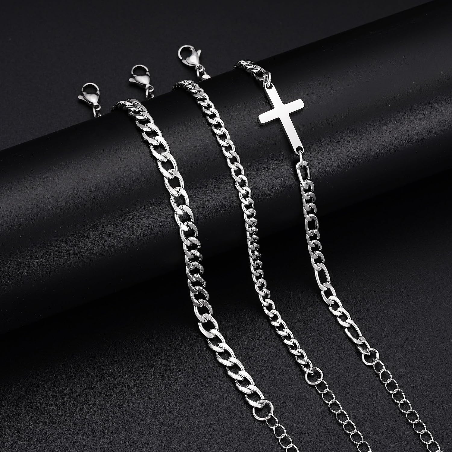 image:imageM MOOHAM Cross Bracelets for Men Silver Plated Mens Chain Bracelet StackRope ChainCuban Link