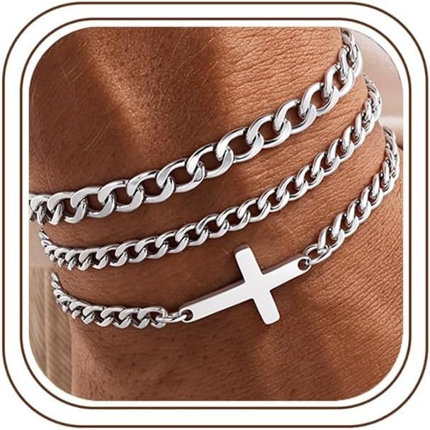 image:imageM MOOHAM Cross Bracelets for Men Silver Plated Mens Chain Bracelet StackCuban Link