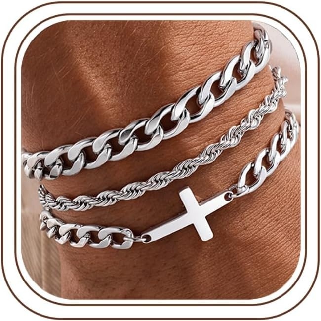 image:imageM MOOHAM Cross Bracelets for Men Silver Plated Mens Chain Bracelet StackRope ChainCuban Link