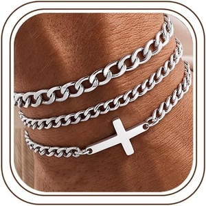 M MOOHAM Cross Bracelets for Men, Silver Plated Mens Chain Bracelet Stack(Cuban Link)