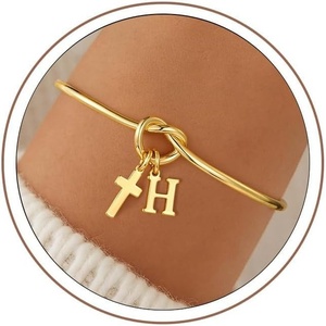 M MOOHAM Cross Initial Bracelet for Women Girls, Letter A-Z Cuff Bracelet(H)