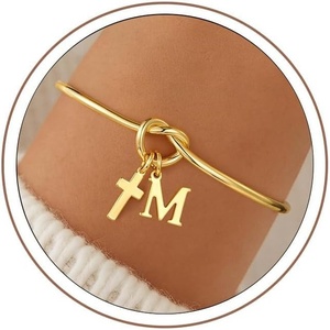 M MOOHAM Cross Initial Bracelet for Women Girls, Letter A-Z Cuff Bracelet(M)